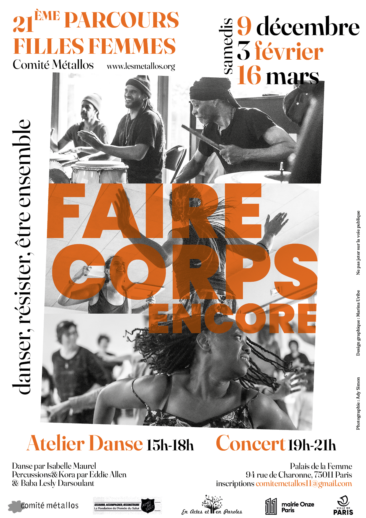 Affiche 21e Parcours Filles Femmes
Faire Corps, encore !
Les samedis 9 décembre, 3 février et 16 mars